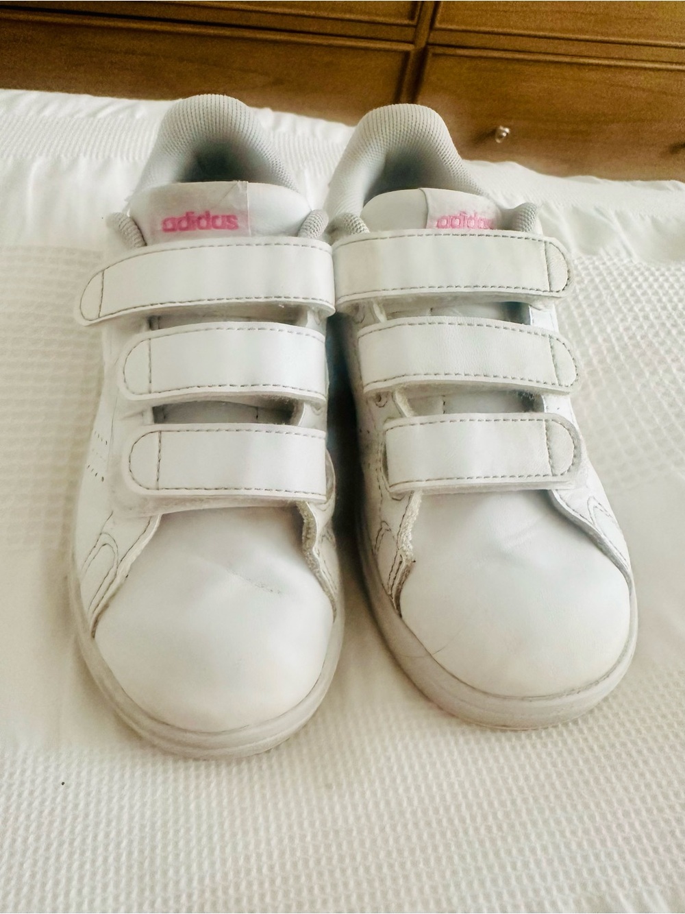 adidas Kids White Sneakers with Pink Logo - Triple Velcro Straps